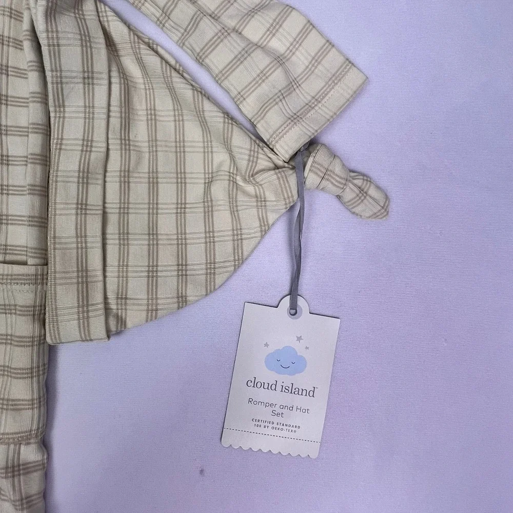 Cloud Island Baby Romper and Hat Set Beige Plaid Striped 12 Month